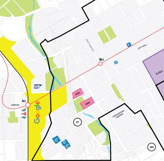 San Jose map showing Google campus location