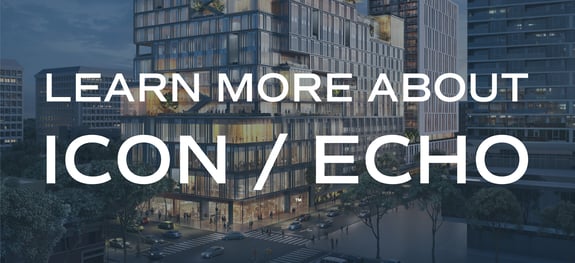 Icon/Echo real estate project rendering with learn more about text layered over