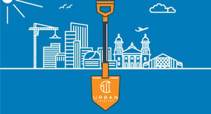 drawing of shovel in front of cityscape