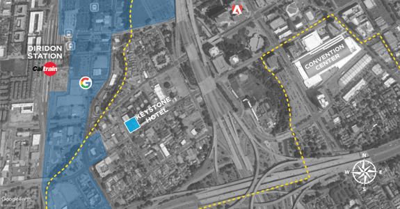 aerial view of a map of downtown San Jose with Keystone Hotel location highlighted