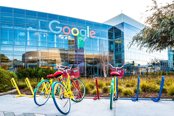 colorful bikes in front of Google headquarters